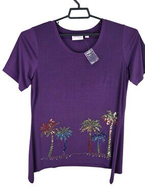 Womens DreamKnit Quacker Factory Purple Sequin Palm Tree Blouse Short Sleeve M